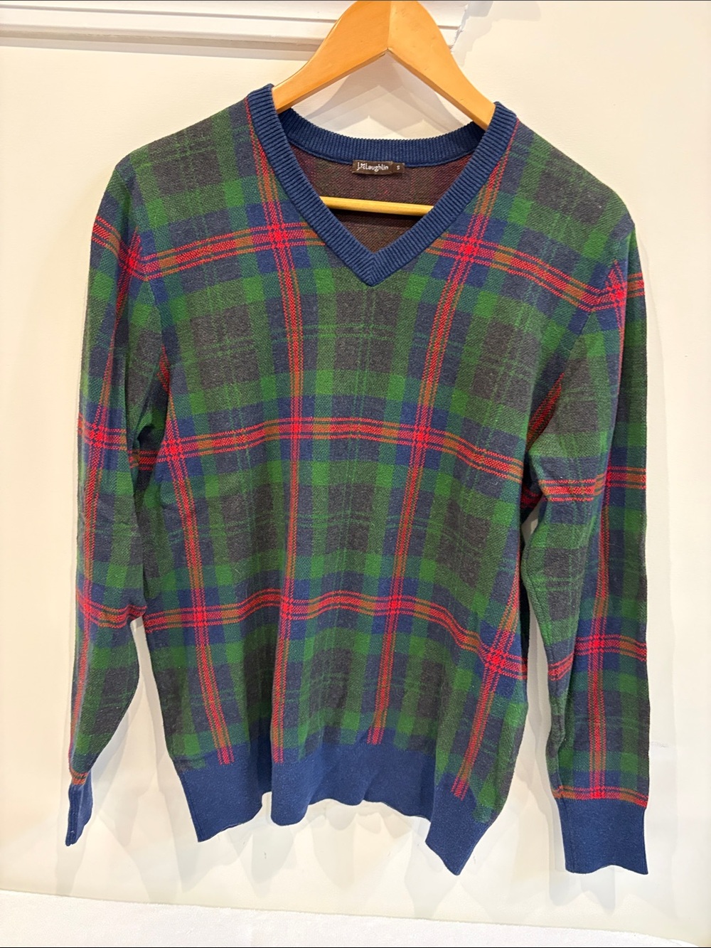 J. McLaughlin Blue & Green Plaid V-Neck Sweater with Red Trim
